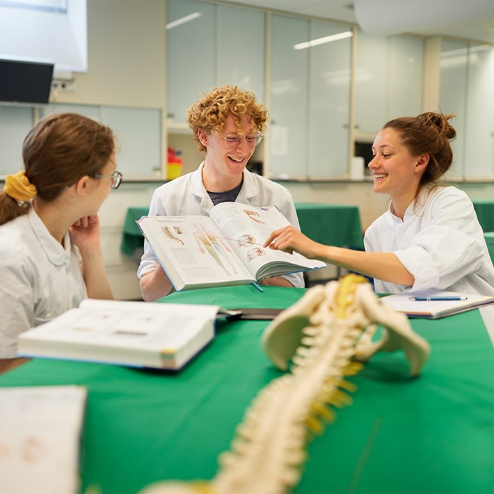 Studenten hebben les in de snijzaal.